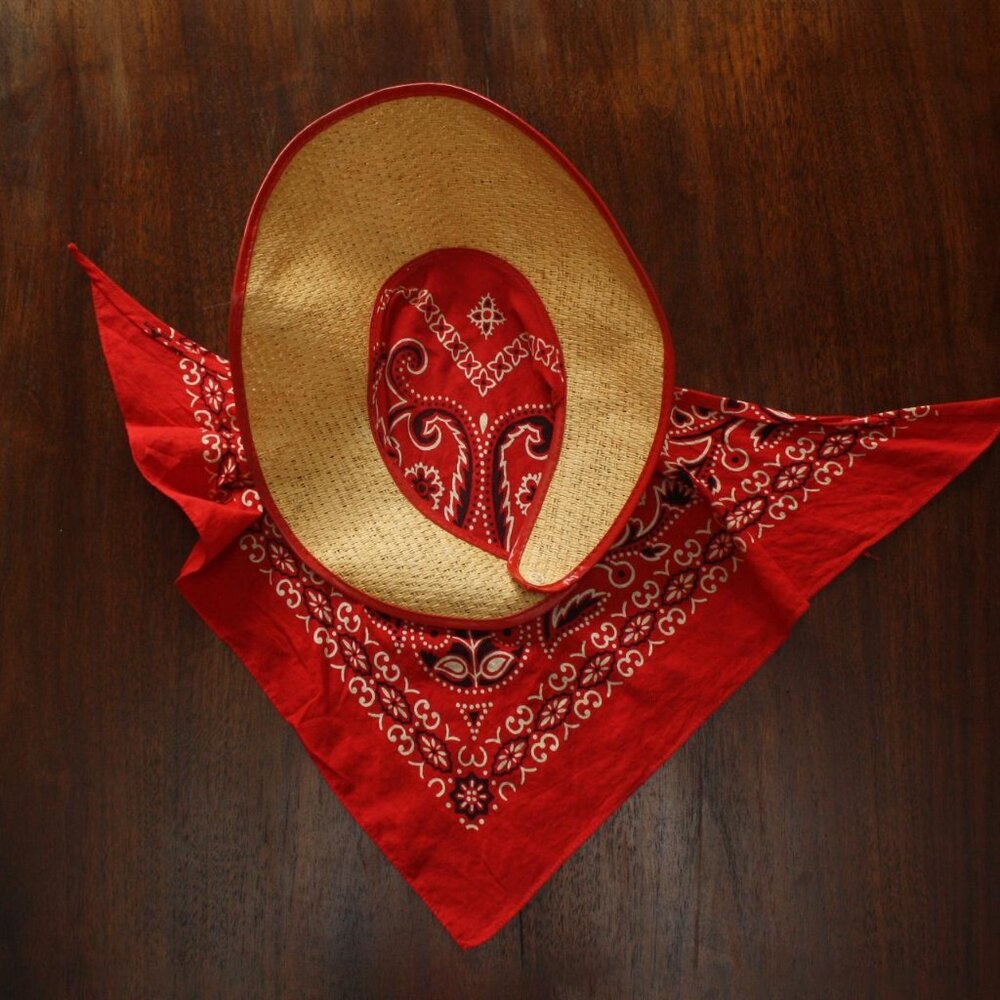 40s / 1940s Vintage Sun-Bonnie Open Crown Straw Visor Sun Hat w/ Red Bandana